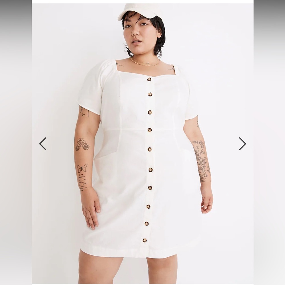 Plus Linen-Cotton Puff-Sleeve Mini Dress, Size 14W